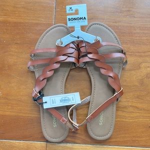 NWT Sonoma Sandals with Boho Braided Toe Loop in Cognac Vegan Faux Leather.